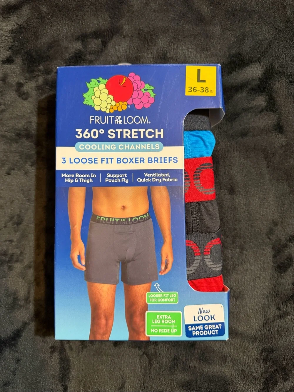 Fruit of the Loom Men’s 360° Stretch Loose Fit Boxer Briefs - Blue/Red/Black - L